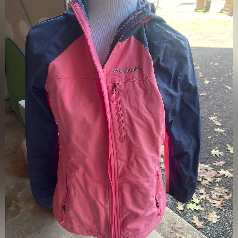 Columbia Softshell Jacket Women Medium Pink Blue Lightweight Hooded Full Zip